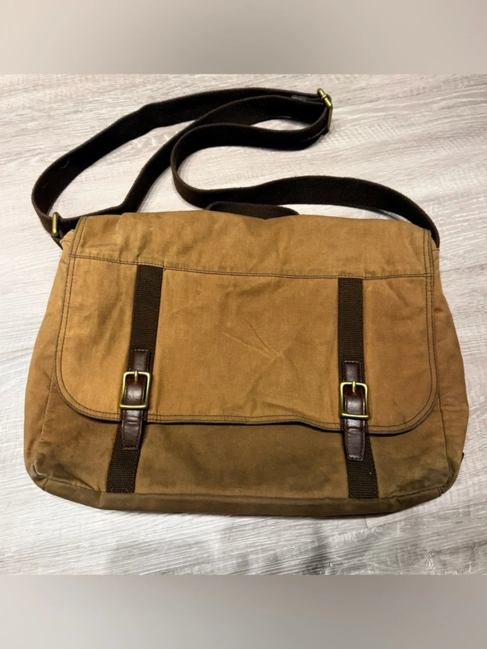 Fossil Buckner Messenger Bag Brown Waxed Canvas Leather Laptop Crossbody